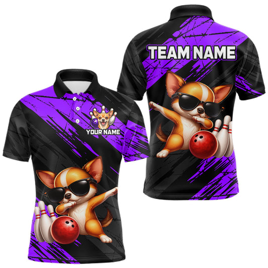 Maxcorners Custom Chihuahua Dog Purple Bowling Jersey for Men Bowling Uniform Bowling Team Shirts