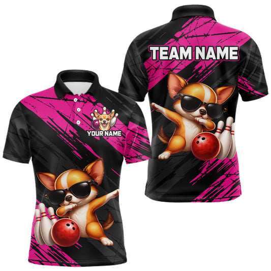 Maxcorners Custom Chihuahua Dog Pink Bowling Jersey for Men Bowling Uniform Bowling Team Shirts