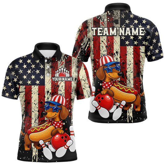 Maxcorners Custom US Flag Dachshund Hot Dog Bowling Jersey for Men Bowling Uniform Bowling Team Shirts LM2806
