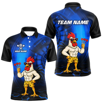 Maxcorners Custom Blue Funny Chicken Darts Shirt for Men Darts Team Jerseys Polo & 1/4 Zip Dart League