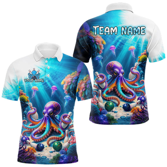 Maxcorners Custom Octopus Funny Ocean Theme Bowling Shirt for Men Bowling Team Shirts Bowling League LM0106