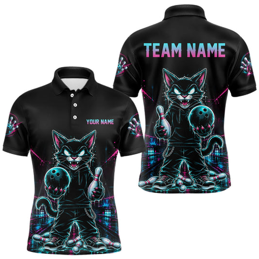 Maxcorners Custom Neon Cat Bowling Jersey for Men Bowling League Bowling Team Shirts Polo &1/4 Zip