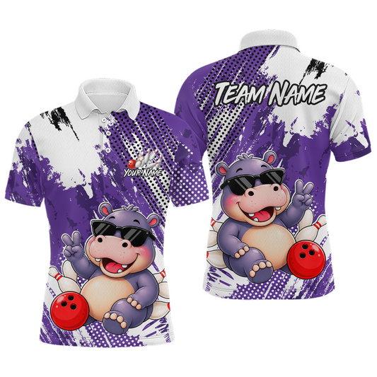 Maxcorners Custom Funny Hippo Bowling Team Shirts Bowling Shirt for Men Bowling League Polo & 1/4 Zip LM0106