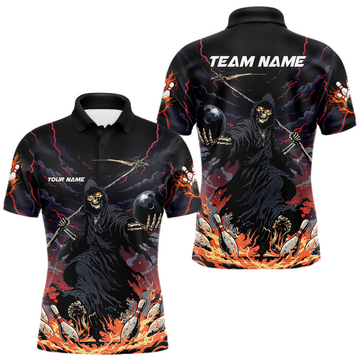 Maxcorners Custom Grim Reaper Flame Bowling Jersey for Men Bowling Team Shirts Polo & 1/4 Zip