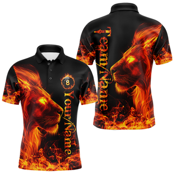 Maxcorners Custom Flame Lion 8 Ball Billiard Shirts for Men Billiard Team Shirts Billiard League Polo & 1/4 Zip LM2901