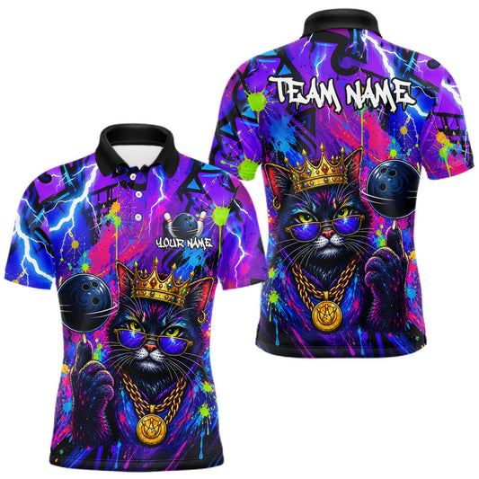 Maxcorners Custom Colorful Crown Cat Funny Bowling Jersey for Men Bowling League Bowling Team Shirts