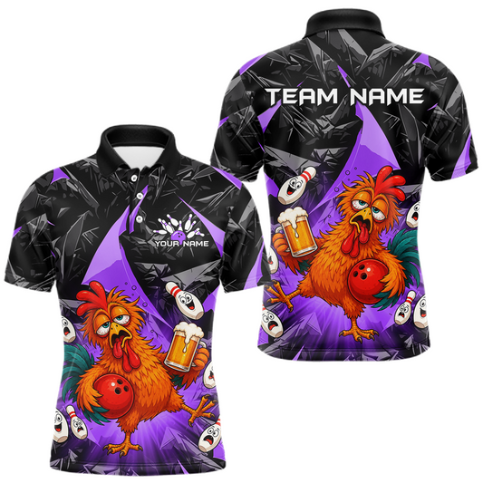 Maxcorners Custom Purple Funny Chicken Drunk Bowling Jersey for Men Funny Beer Bowling Team Shirts