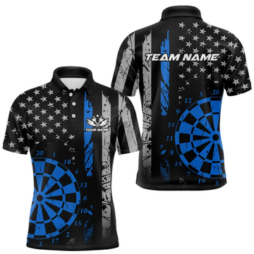 Maxcorners Custom Blue US Flag Darts Shirt for Men Darts Team Jerseys Dart Tourament Polo & 1/4 Zip