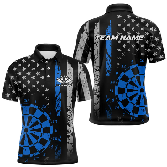 Maxcorners Custom Blue US Flag Darts Shirt for Men Darts Team Jerseys Dart Tourament Polo & 1/4 Zip