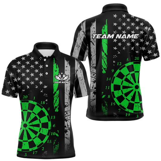 Maxcorners Custom Green US Flag Darts Shirt for Men Darts Team Jerseys Dart Tourament Polo & 1/4 Zip