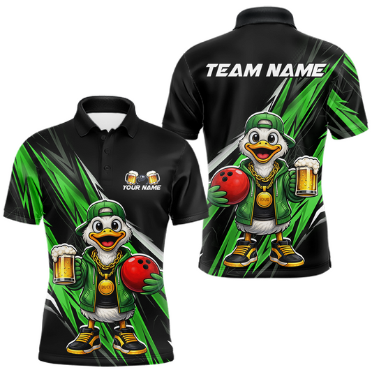 Maxcorners Custom Green Beer Duck Bowling Shirt for Men Duck Funny Beer Bowling Team Jersey LM1104
