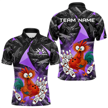 Maxcorners Custom Purple Funny Chicken Bowling Jersey for Men Bowling Team Shirts Polo & 1/4 Zip