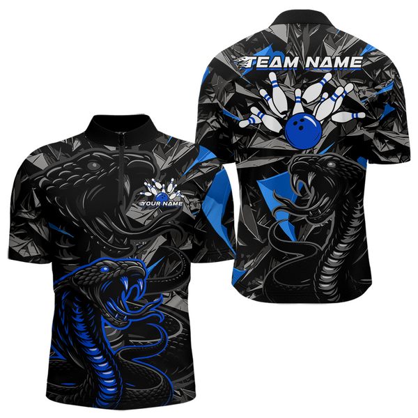 Maxcorners Custom Blue Cobra Snake Bowling Jersey for Men Bowling Team Shirts Bowling Uniform Polo & 1/4 Zip MT0111