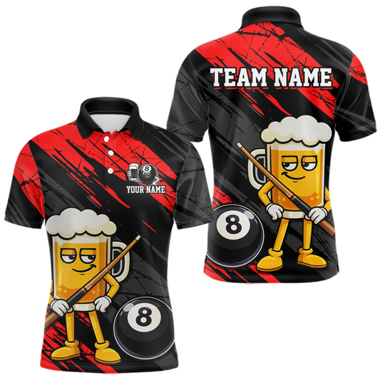 Maxcorners Custom Funny Red Beer 8 Ball Pool Men Billiard Polo & 1/4 Zip, Billiard Shirt, Billiard Team Jerseys LM2602