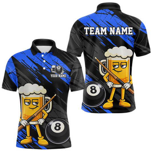 Maxcorners Custom Funny Blue Beer 8 Ball Pool Men Billiard Polo & 1/4 Zip, Billiard Shirt, Billiard Team Jerseys LM2602