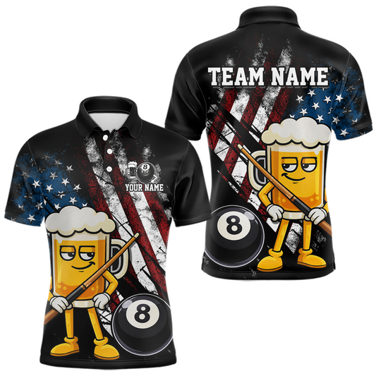 Maxcorners Custom Funny US Flag Beer 8 Ball Pool Men Billiard Polo & 1/4 Zip, Billiard Shirt, Billiard Team Jerseys LM2602
