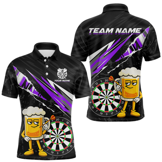 Maxcorners Custom Purple Funny Beer Dart Shirts for Men Darts Team Jerseys Dart Tournament Polo & 1/4 Zip LM1202