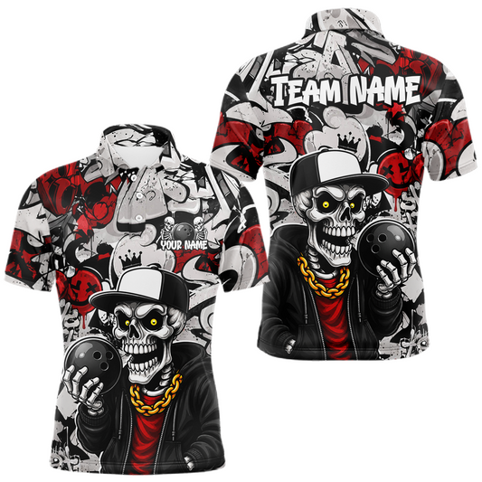 Maxcorners Custom Graffiti Skeleton Bowling Jersey for Men Bowling Team Shirts Bowling League Polo & 1/4 Zip