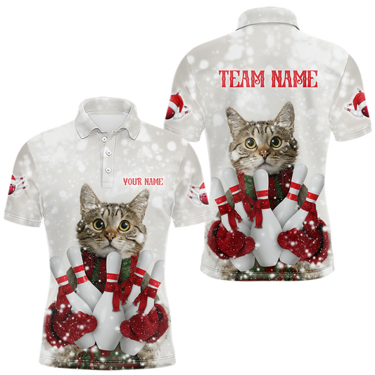 Maxcorners Custom Funny Cat Christmas Bowling Jersey for Men Polo & 1/4 Zip Bowling Team Shirts LM0404