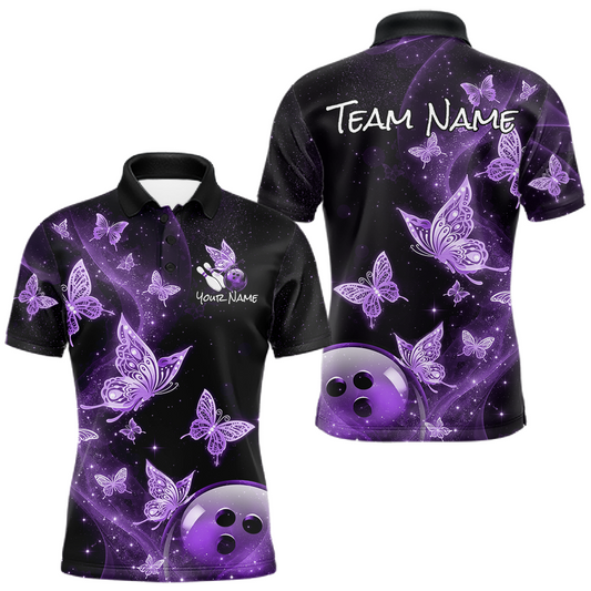 Maxcorners Custom Purple Galaxy Butterflies Bowling Shirt for Men Butterfly Bowling Team Jersey Bowling League LM1904
