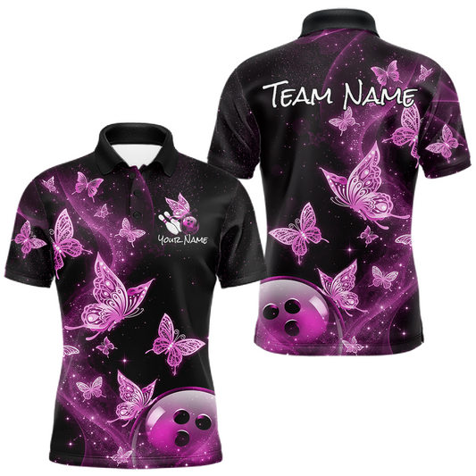 Maxcorners Custom Pink Galaxy Butterflies Bowling Shirt for Men Butterfly Bowling Team Jersey Bowling League LM1904