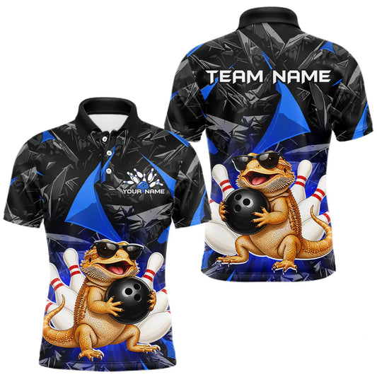 Maxcorners Custom Blue Funny Bearded Dragon Bowling Shirt for Men Bowling Team Shirts Bowling League LM2405