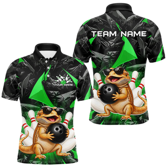 Maxcorners Custom Green Funny Bearded Dragon Bowling Shirt for Men Bowling Team Shirts Bowling League LM2405