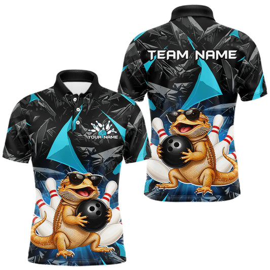 Maxcorners Custom Turquoise Funny Bearded Dragon Bowling Shirt for Men Bowling Team Shirts Bowling League LM2405