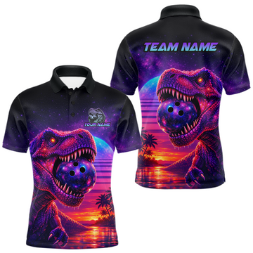 Maxcorners Custom Retro Galaxy Dinosaur Bowling Jersey for Men Bowling Shirts for Team Polo & 1/4 Zip