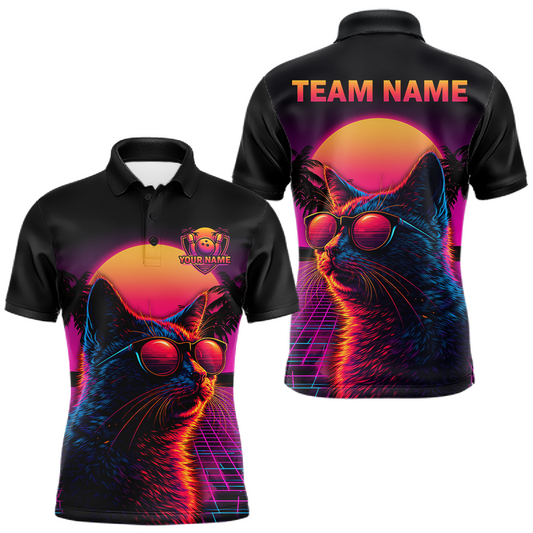 Maxcorners Custom Funny Cat Retro Sunset Bowling Jersey for Men Bowling Uniform Bowling Team Shirts LM1904