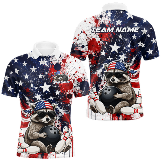 Maxcorners Custom US Flag Raccoon Bowling Shirt for Men Bowling Team Shirts Bowling Tournament