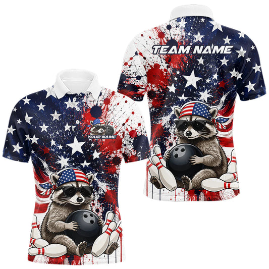 Maxcorners Custom US Flag Raccoon Bowling Shirt for Men Bowling Team Shirts Bowling Tournament LM2405