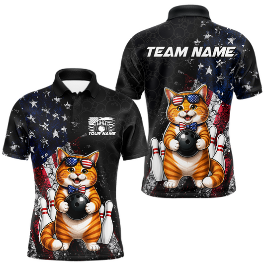 Maxcorners Custom US Flag Cat Bowling Shirt for Men Bowling League Patriotic Bowling Team Shirts LM2405