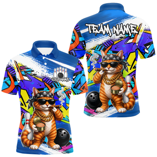 Maxcorners Custom Graffiti Funny Cat Bowling Team Jersey Bowling Shirt for Men Bowling League Polo &1/4 Zip LM2405