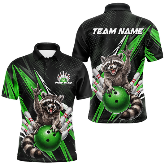 Maxcorners Custom Green Raccoon Bowling Jersey for Men Bowling Team Shirts Bowling Polo & 1/4 Zip LM2603