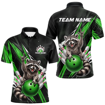 Maxcorners Custom Green Raccoon Bowling Jersey for Men Bowling Team Shirts Bowling Polo & 1/4 Zip