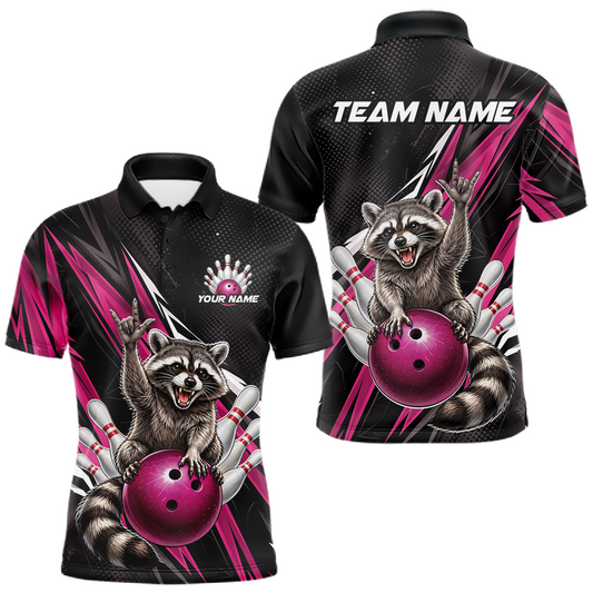 Maxcorners Custom Pink Raccoon Bowling Jersey for Men Bowling Team Shirts Bowling Polo & 1/4 Zip LM2603