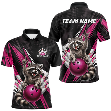 Maxcorners Custom Pink Raccoon Bowling Jersey for Men Bowling Team Shirts Bowling Polo & 1/4 Zip