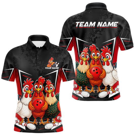 Maxcorners Red Funny Three Chicken Bowling Jersey for Men Bowling League Bowling Team Shirts LM2704