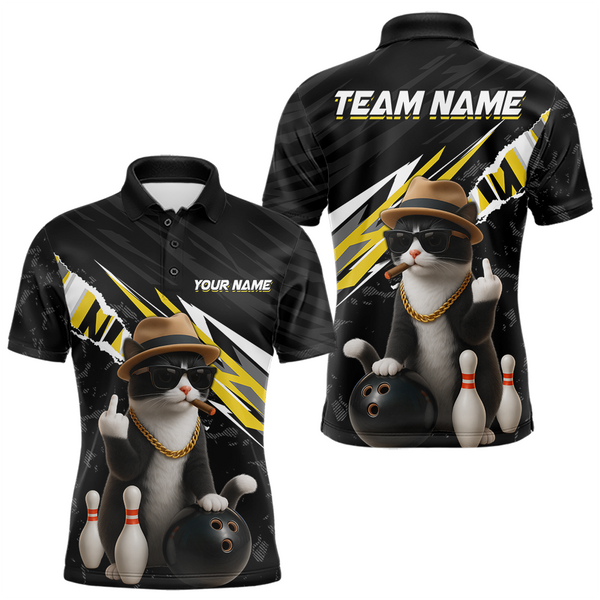 Maxcorners Custom Yellow Funny Cat Bowling Jersey for Men Bowling Shirt Polo & 1/4 Zip Bowling Team Shirts LM3010