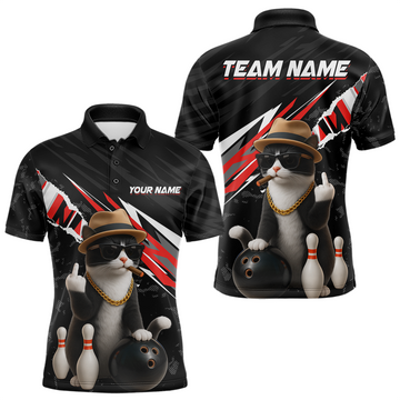 Maxcorners Custom Red Funny Cat Bowling Jersey for Men Bowling Shirt Polo & 1/4 Zip Bowling Team Shirts LM2603
