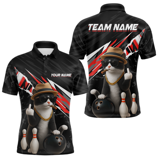 Maxcorners Custom Red Funny Cat Bowling Jersey for Men Bowling Shirt Polo & 1/4 Zip Bowling Team Shirts LM2603