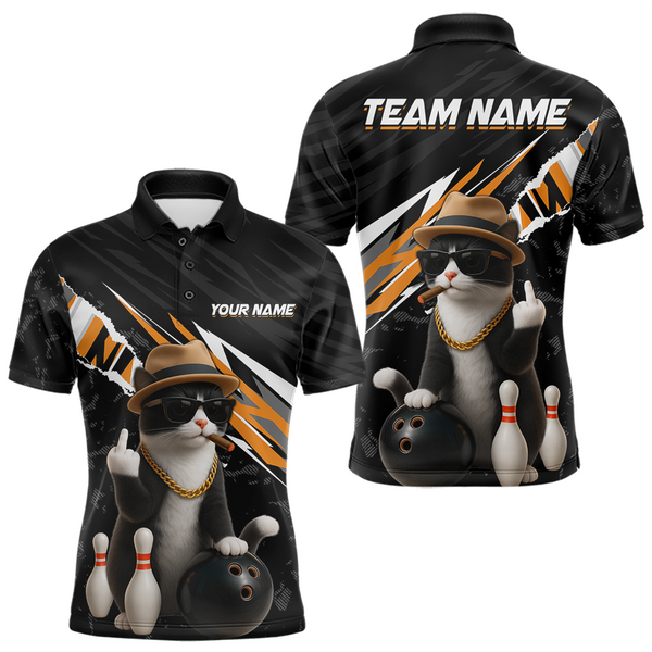 Maxcorners Custom Orange Funny Cat Bowling Jersey for Men Bowling Shirt Polo & 1/4 Zip Bowling Team Shirts LM3010
