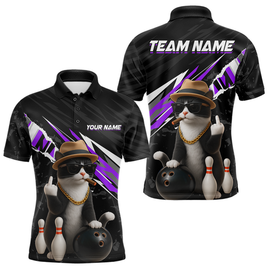 Maxcorners Custom Purple Funny Cat Bowling Jersey for Men Bowling Shirt Polo & 1/4 Zip Bowling Team Shirts LM2603