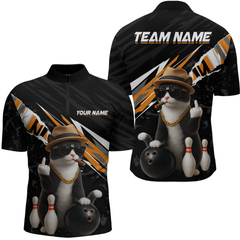 Maxcorners Custom Orange Funny Cat Bowling Jersey for Men Bowling Shirt Polo & 1/4 Zip Bowling Team Shirts LM3010