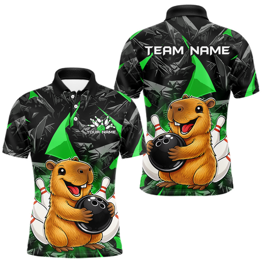 Maxcorners Custom Green Capybara Bowling Jersey for Men Bowling Team Shirts Bowling Polo & 1/4 Zip LM2603