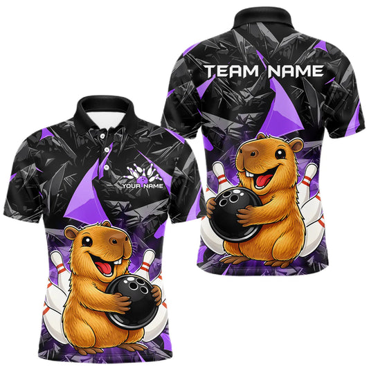 Maxcorners Custom Purple Capybara Bowling Jersey for Men Bowling Team Shirts Bowling Polo & 1/4 Zip LM2603