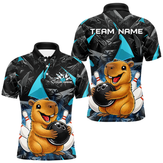 Maxcorners Custom Turquoise Capybara Bowling Jersey for Men Bowling Team Shirts Bowling Polo & 1/4 Zip LM2603