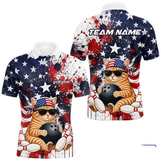 Maxcorners Custom US Flag Funny Yellow Cat Bowling Jersey for Men Bowling Uniform Bowling Team Shirts LM2806