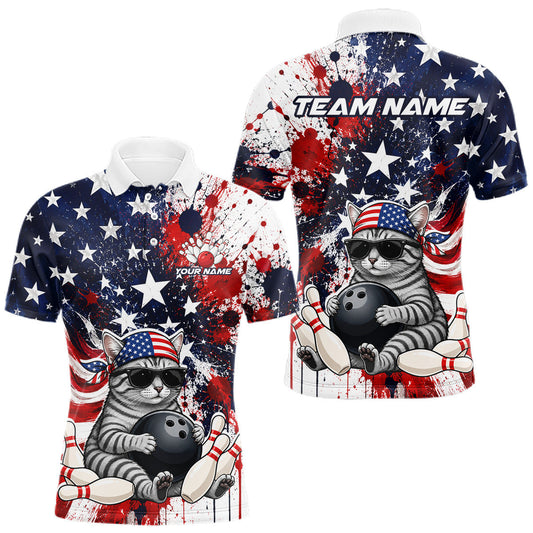 Maxcorners Custom US Flag Funny Silver Cat Bowling Jersey for Men Bowling Uniform Bowling Team Shirts LM2806